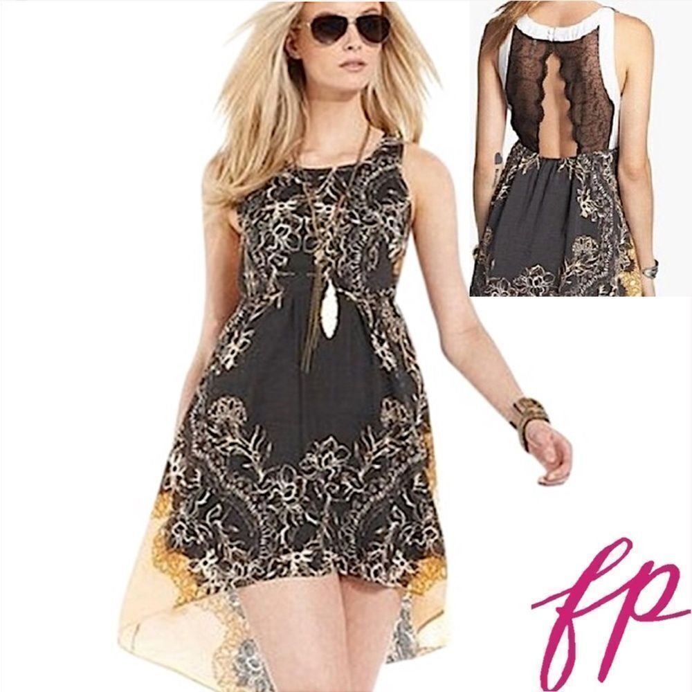 Free People Black Floral Russian Plate Lace High-Low Dress